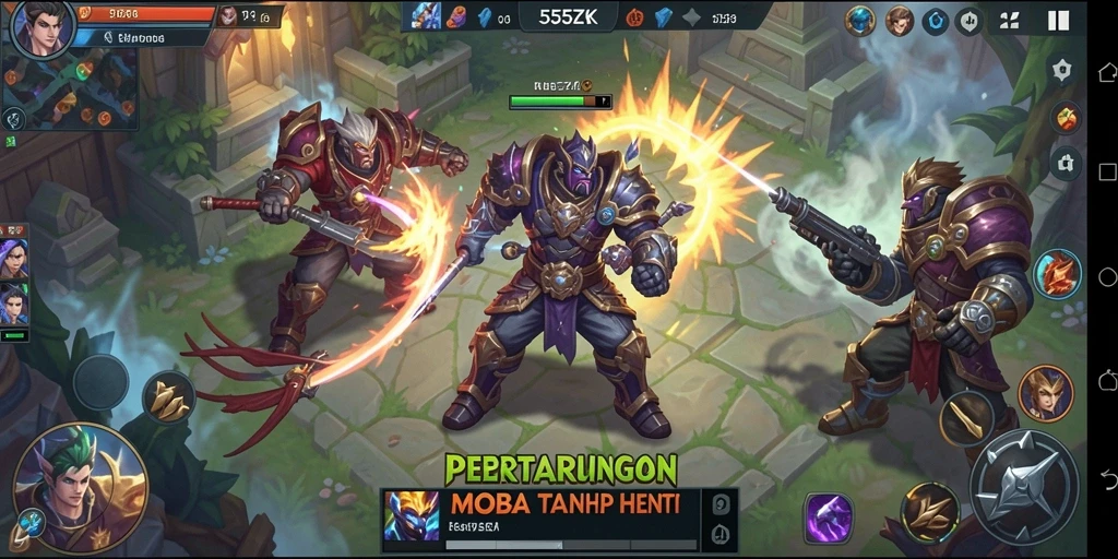 Gameplay seru dalam 555ZK dengan aksi MOBA yang dinamis.