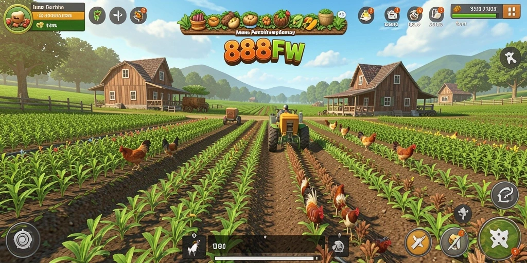 Tampilan gameplay <strong>888FW</strong> yang menarik dengan kebun yang subur.