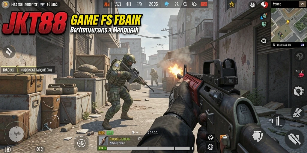 Tangkapan layar utama dari gameplay JKT88 menampilkan aksi tembak-menembak yang intens.
