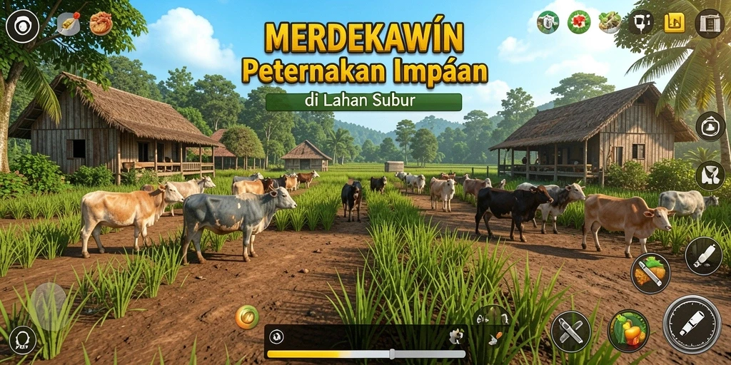 Gameplay MERDEKAWIN menampilkan kebun yang subur dan hewan ternak yang sehat.