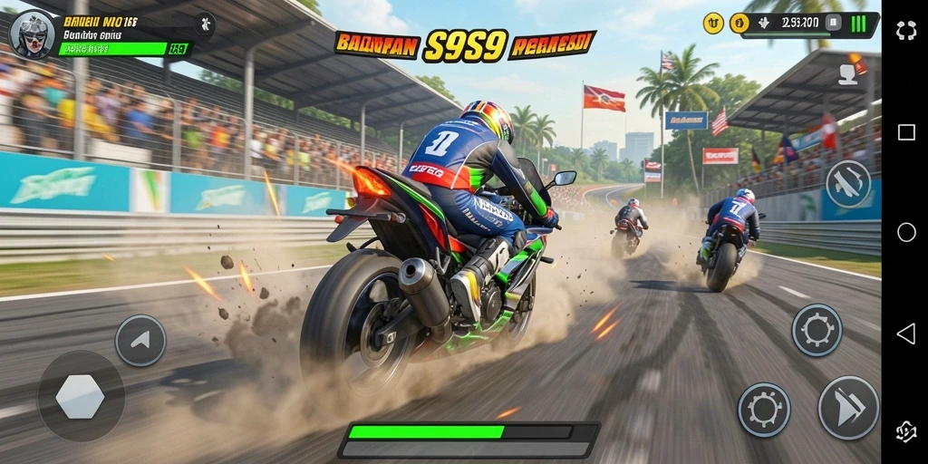 Tampilan utama gameplay S9S9 yang memukau dalam balapan motor.