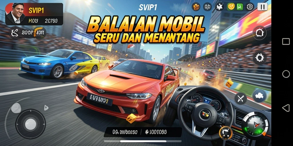 Screenshot gameplay SVIP1 menunjukkan aksi balapan mendebarkan.